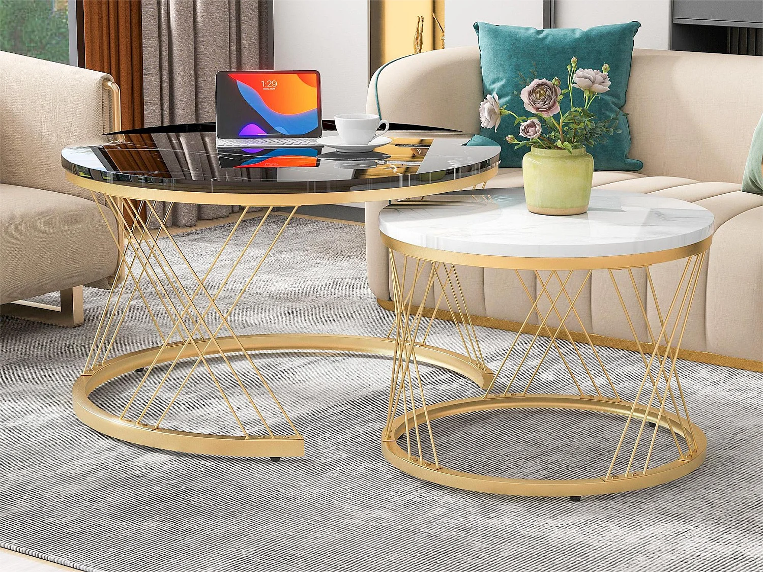 Mesas de centro de madera anidadas - Chapa de mármol blanco y metal dorado - MDF - para sala de estar - Blanco y negro