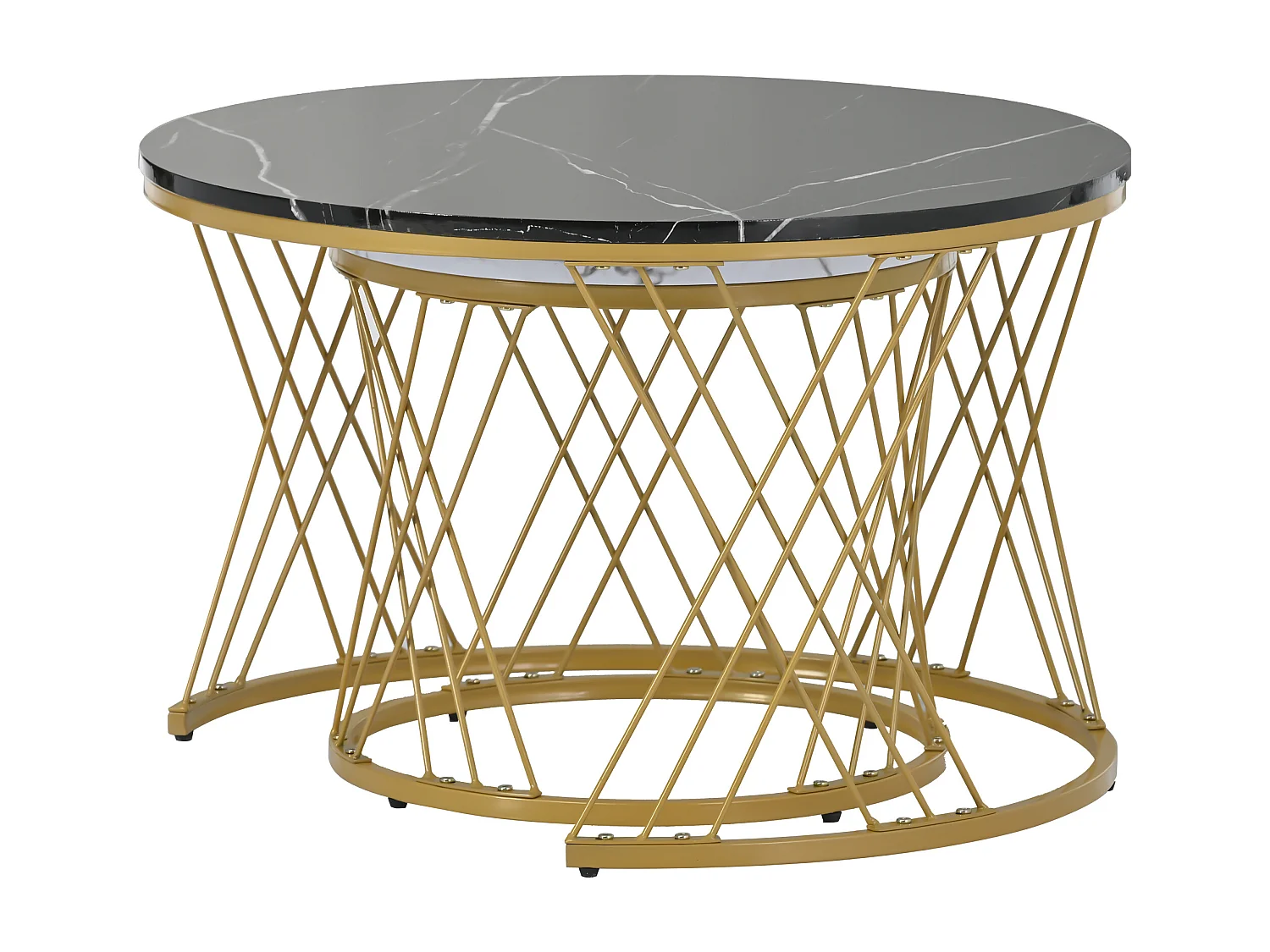 Mesas de centro de madera anidadas - Chapa de mármol blanco y metal dorado - MDF - para sala de estar - Blanco y negro
