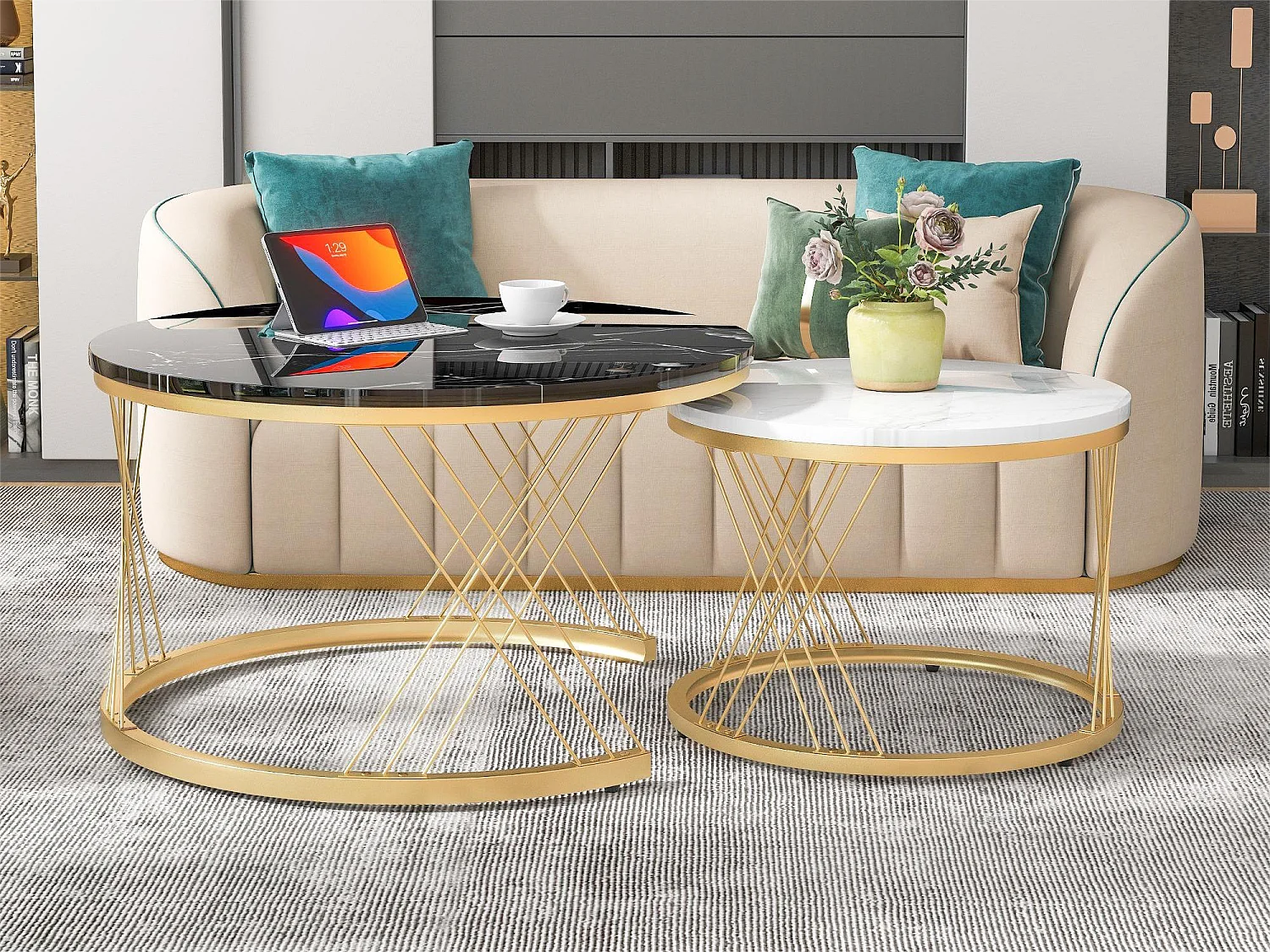 Drewniane stoliki kawowe - fornir z wzorem białego marmuru i złoty metal - MDF - do salonu - czarno-białe