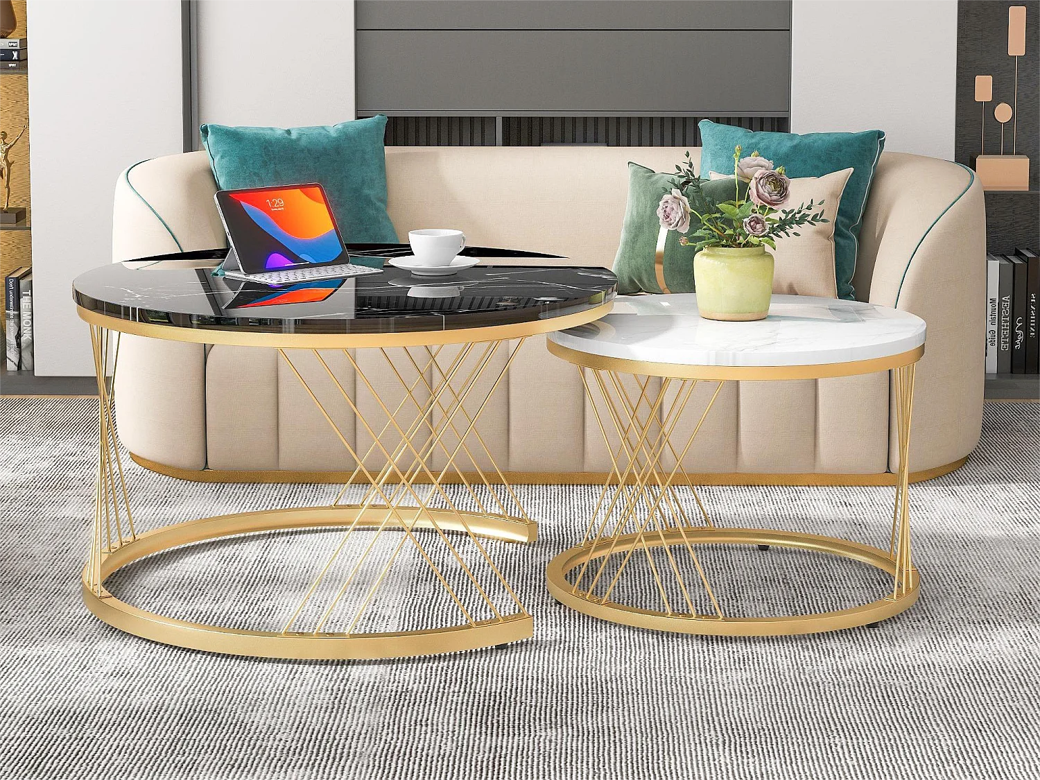 Drewniane stoliki kawowe - fornir z wzorem białego marmuru i złoty metal - MDF - do salonu - czarno-białe