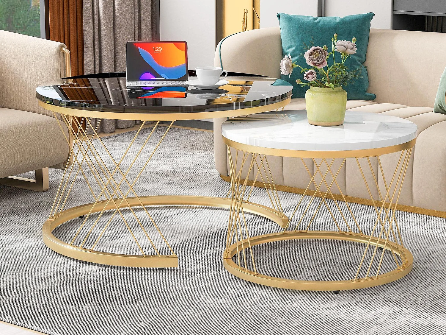 Drewniane stoliki kawowe - fornir z wzorem białego marmuru i złoty metal - MDF - do salonu - czarno-białe