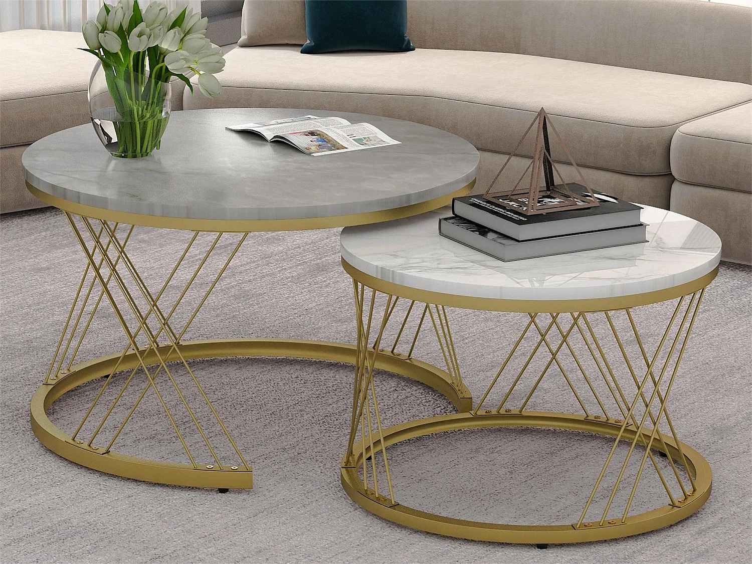 Houten salontafels - Wit marmerpatroon fineer en goud metaal - MDF - voor woonkamer - Grijs en wit