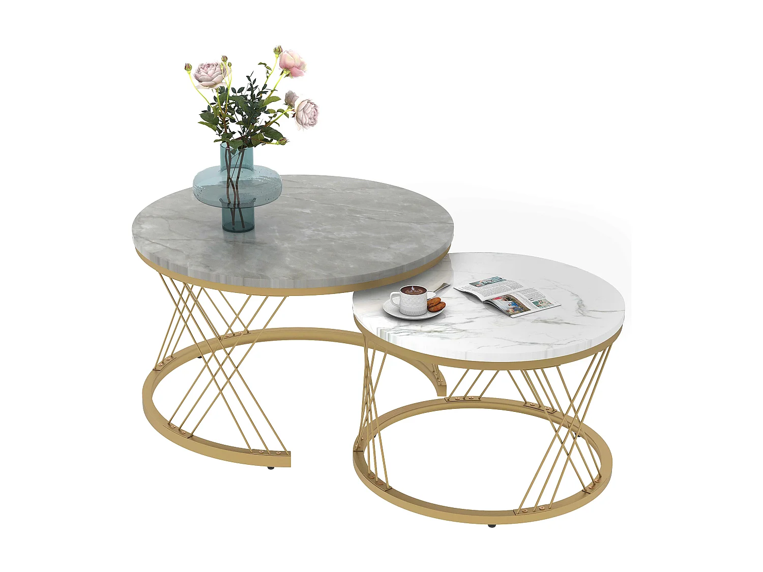 Houten salontafels - Wit marmerpatroon fineer en goud metaal - MDF - voor woonkamer - Grijs en wit