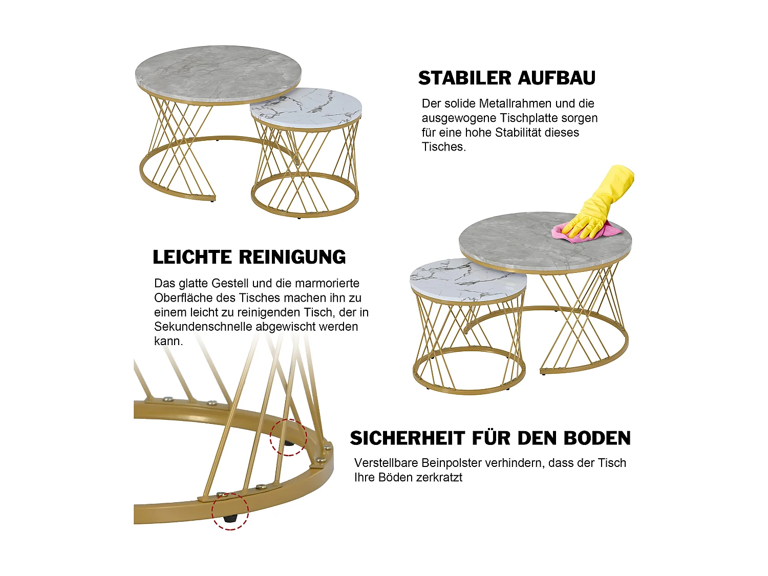 Houten salontafels - Wit marmerpatroon fineer en goud metaal - MDF - voor woonkamer - Grijs en wit