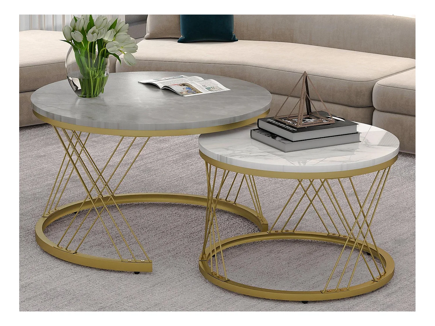 Tables basses gigognes en bois - Placage à motif marbre blanc et métal doré - MDF - pour salon - Gris & blanc