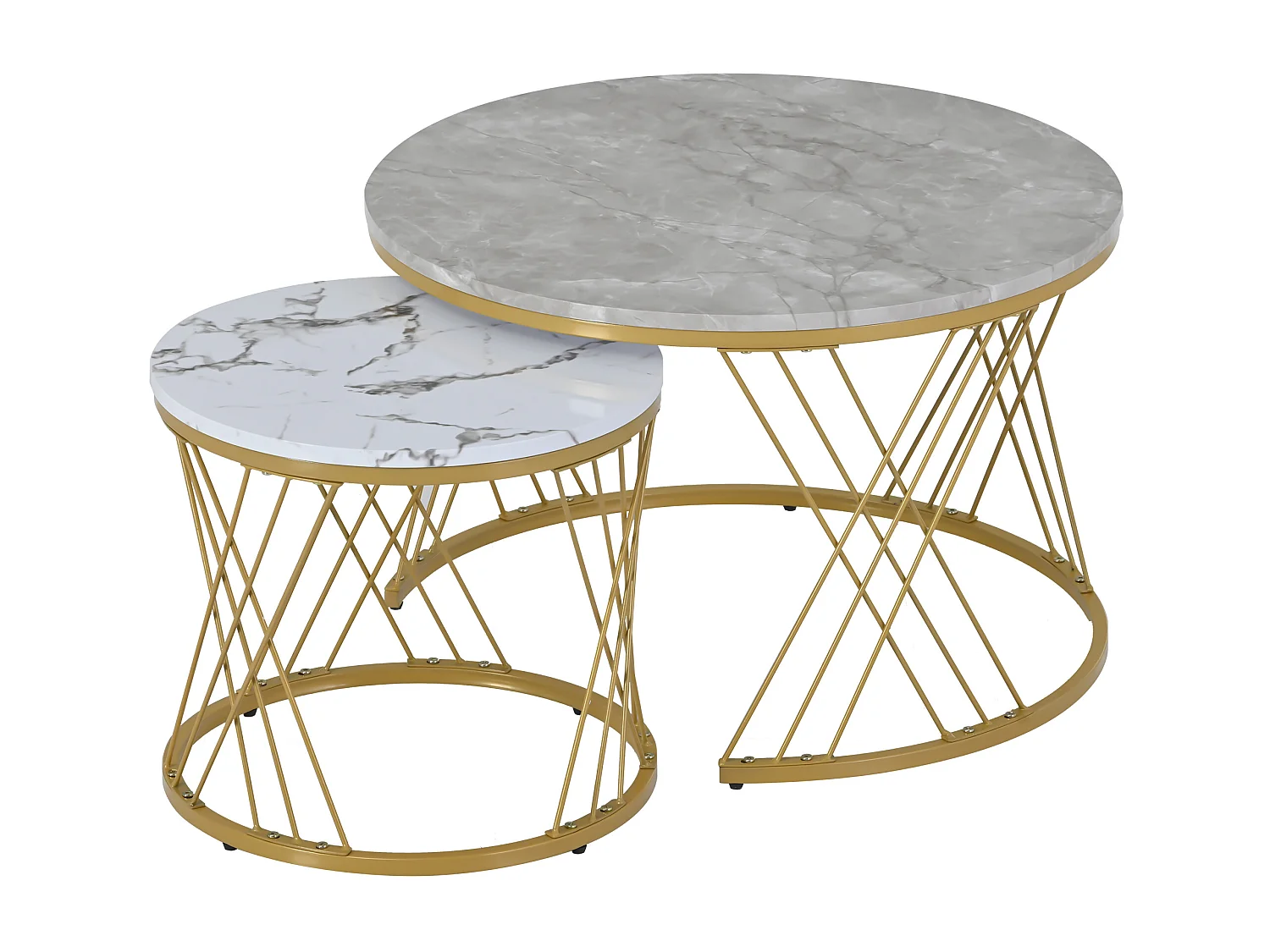 Tables basses gigognes en bois - Placage à motif marbre blanc et métal doré - MDF - pour salon - Gris & blanc