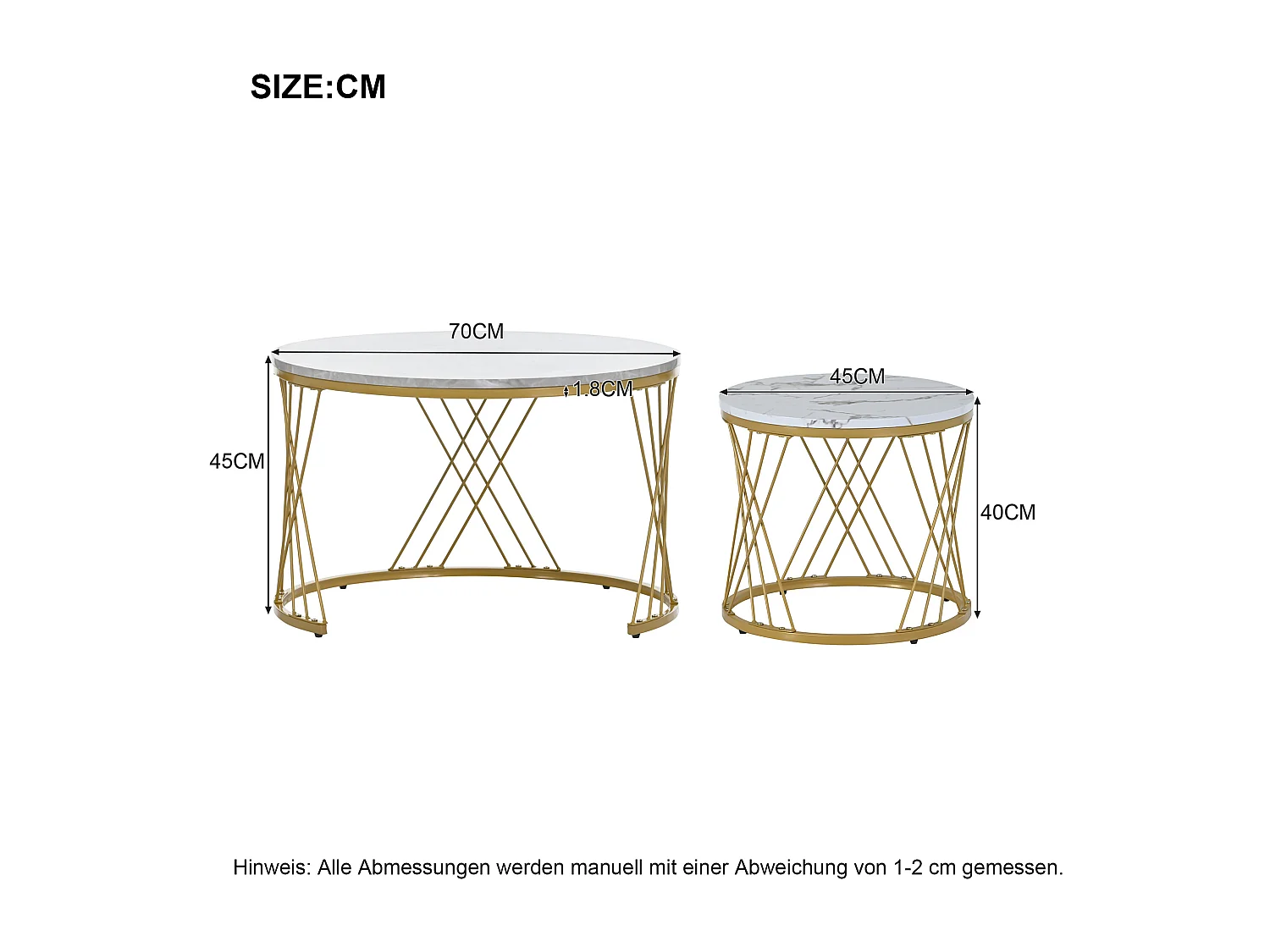 Tables basses gigognes en bois - Placage à motif marbre blanc et métal doré - MDF - pour salon - Gris & blanc