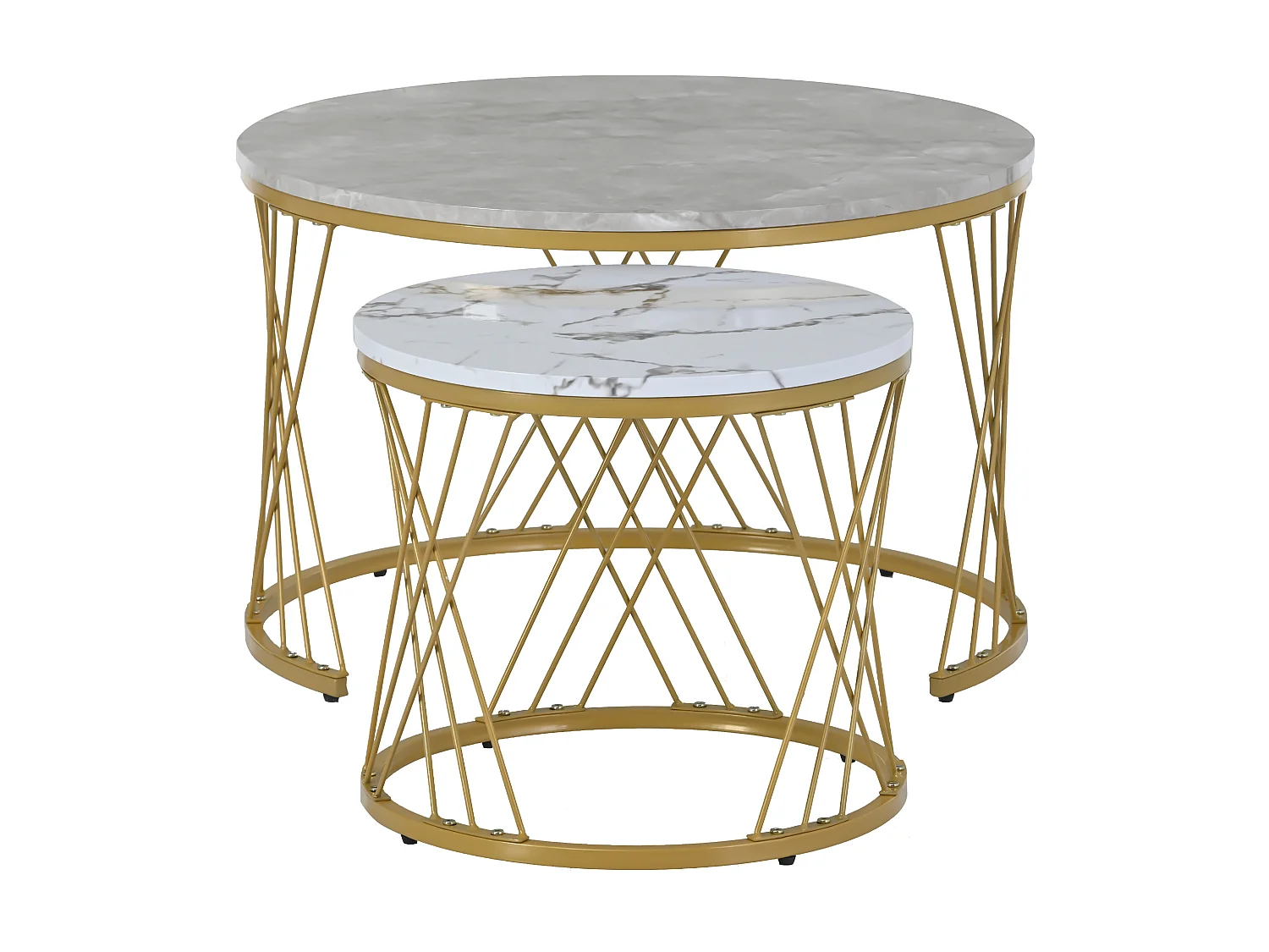 Tables basses gigognes en bois - Placage à motif marbre blanc et métal doré - MDF - pour salon - Gris & blanc