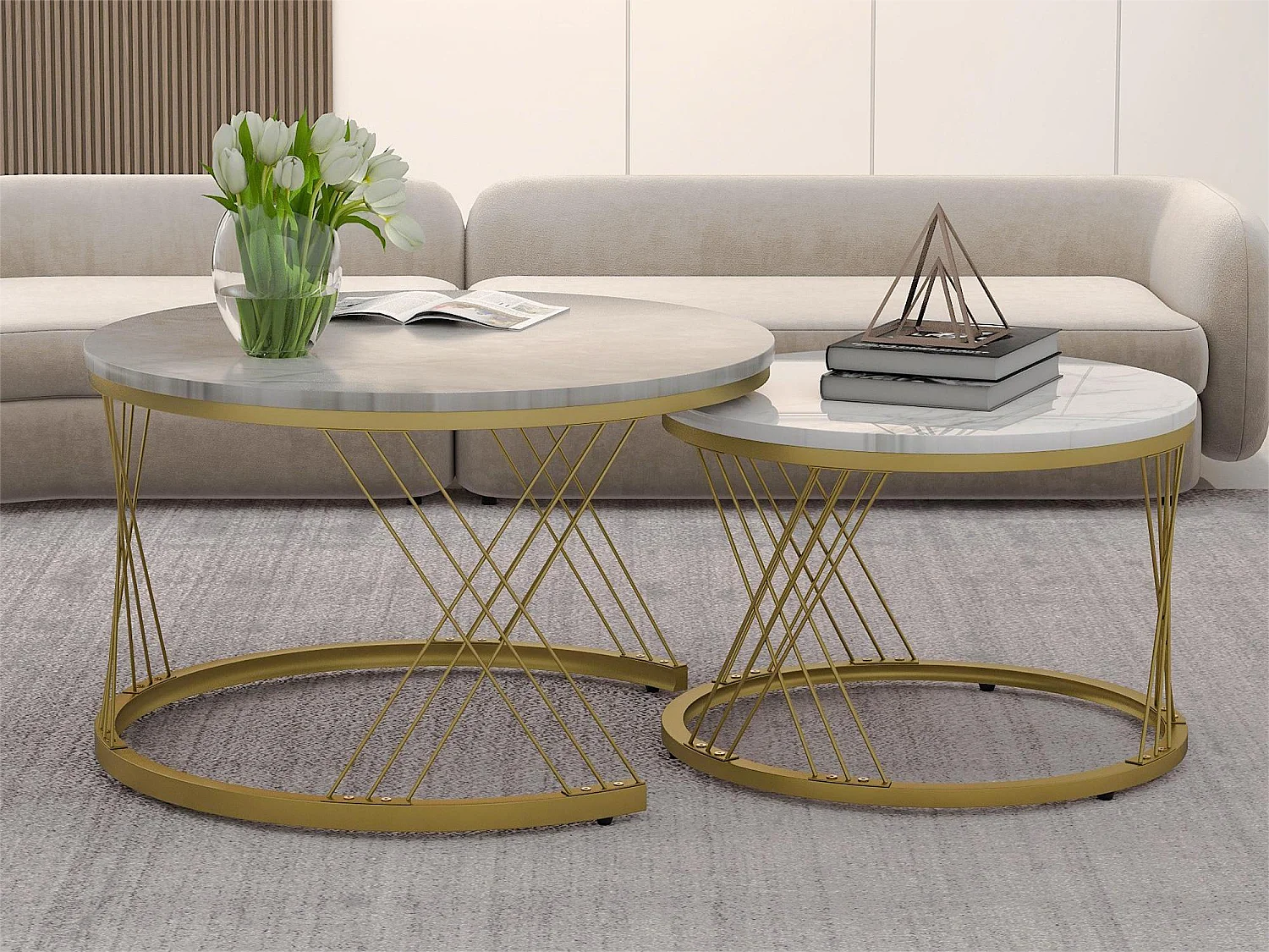 Mesas de centro de madeira - Folheado com padrão de mármore branco e metal dourado - MDF - para sala de estar - Cinza e branco