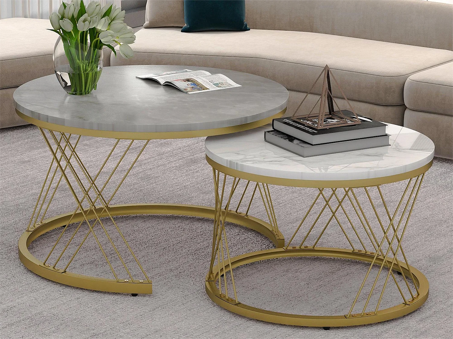 Houten salontafels - Wit marmerpatroon fineer en goud metaal - MDF - voor woonkamer - Grijs en wit