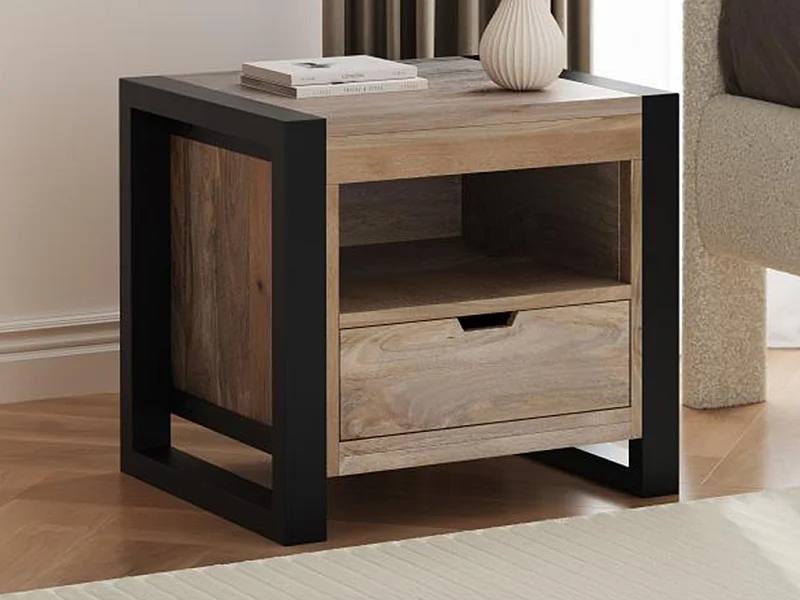 Table de chevet avec 1 tiroir et 1 niche - Bois de manguier et métal - Coloris : Naturel et noir - HARLEM II