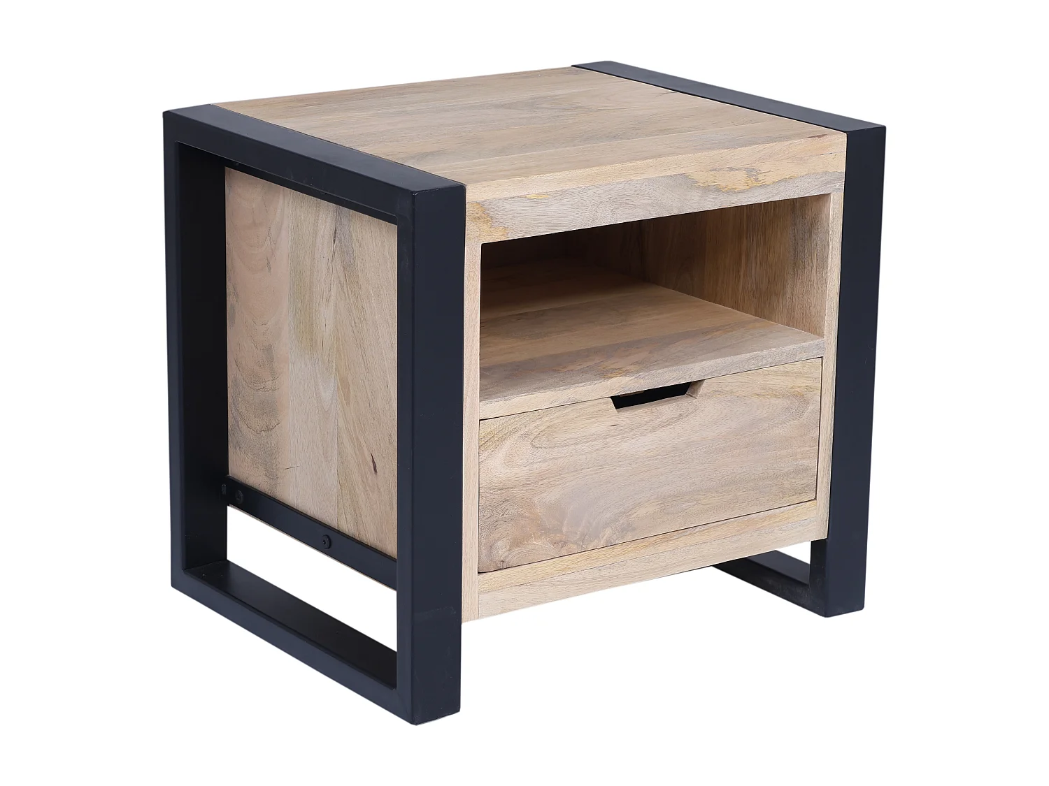 Table de chevet avec 1 tiroir et 1 niche - Bois de manguier et métal - Coloris : Naturel et noir - HARLEM II