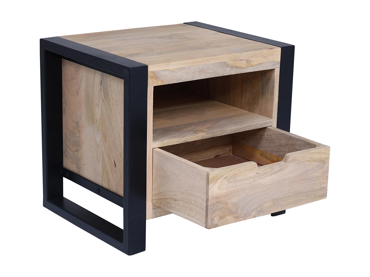 Table de chevet avec 1 tiroir et 1 niche - Bois de manguier et métal - Coloris : Naturel et noir - HARLEM II