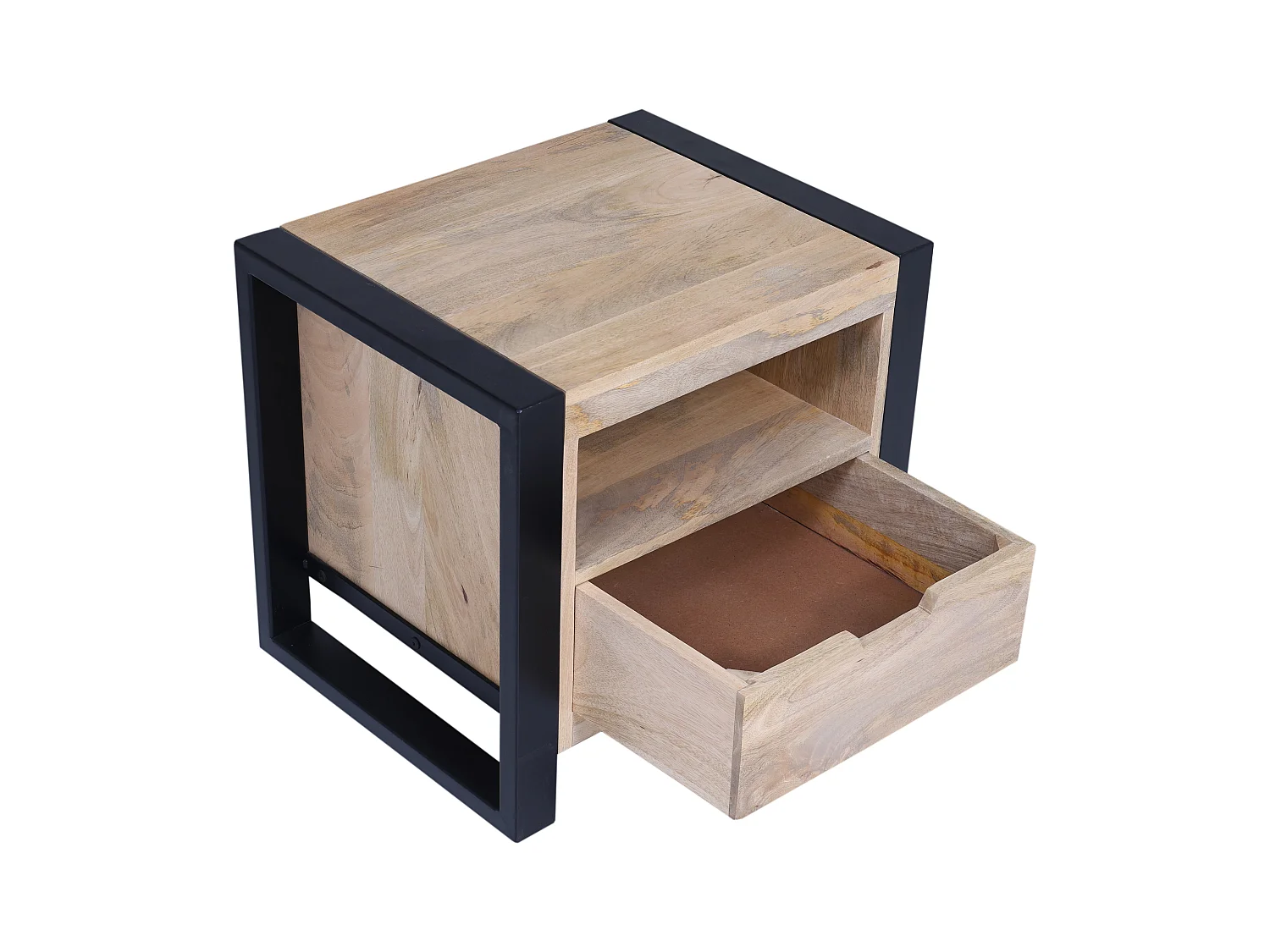 Comodino con 1 cassetto e 1 nicchia Legno di mango e Metallo Naturale e Nero - HARLEM II