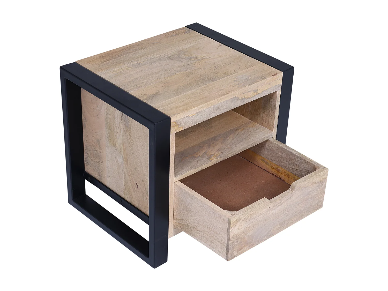 Comodino con 1 cassetto e 1 nicchia Legno di mango e Metallo Naturale e Nero - HARLEM II