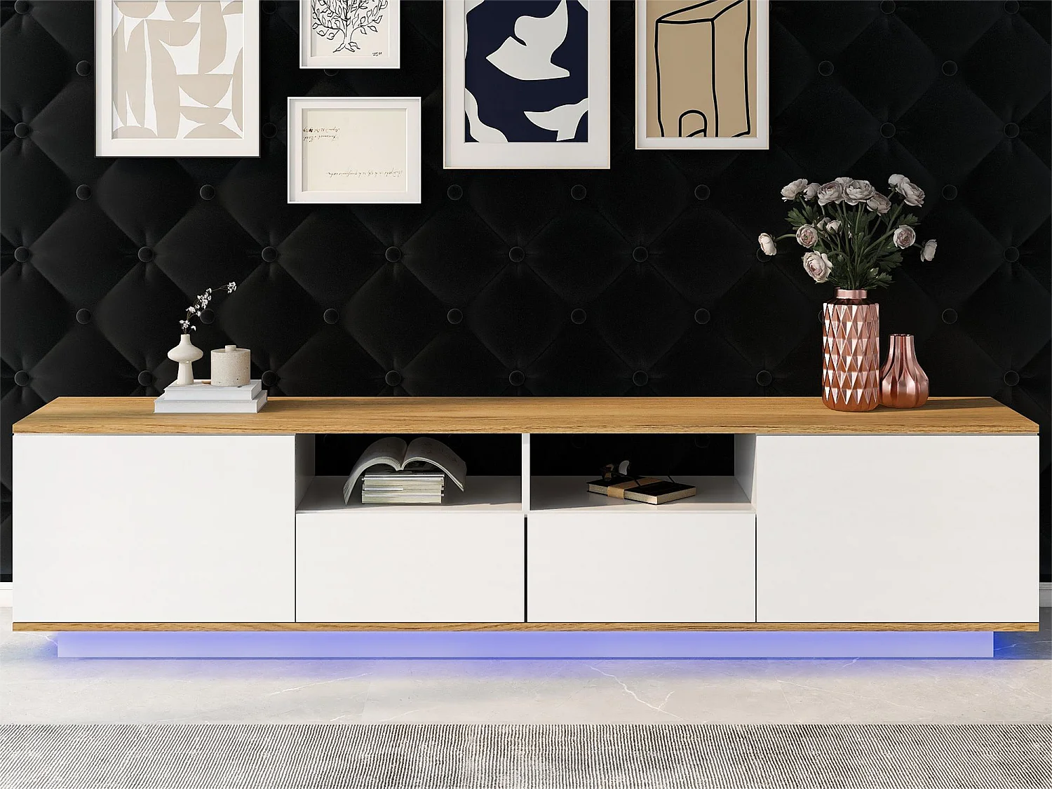 TV-Schrank aus Holz mit 2 Türen, 2 Schubladen und 2 Nischen bis 80 Zoll – LEDs – für Wohnzimmer – Weiß und Eiche