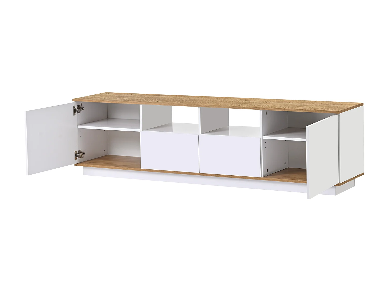 TV-Schrank aus Holz mit 2 Türen, 2 Schubladen und 2 Nischen bis 80 Zoll – LEDs – für Wohnzimmer – Weiß und Eiche