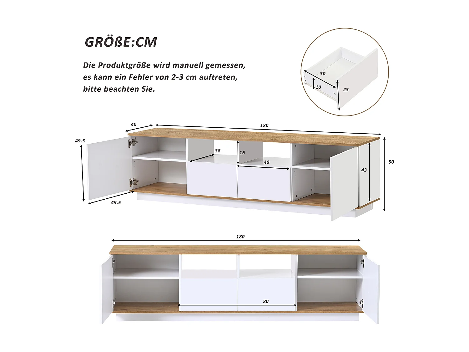 TV-Schrank aus Holz mit 2 Türen, 2 Schubladen und 2 Nischen bis 80 Zoll – LEDs – für Wohnzimmer – Weiß und Eiche