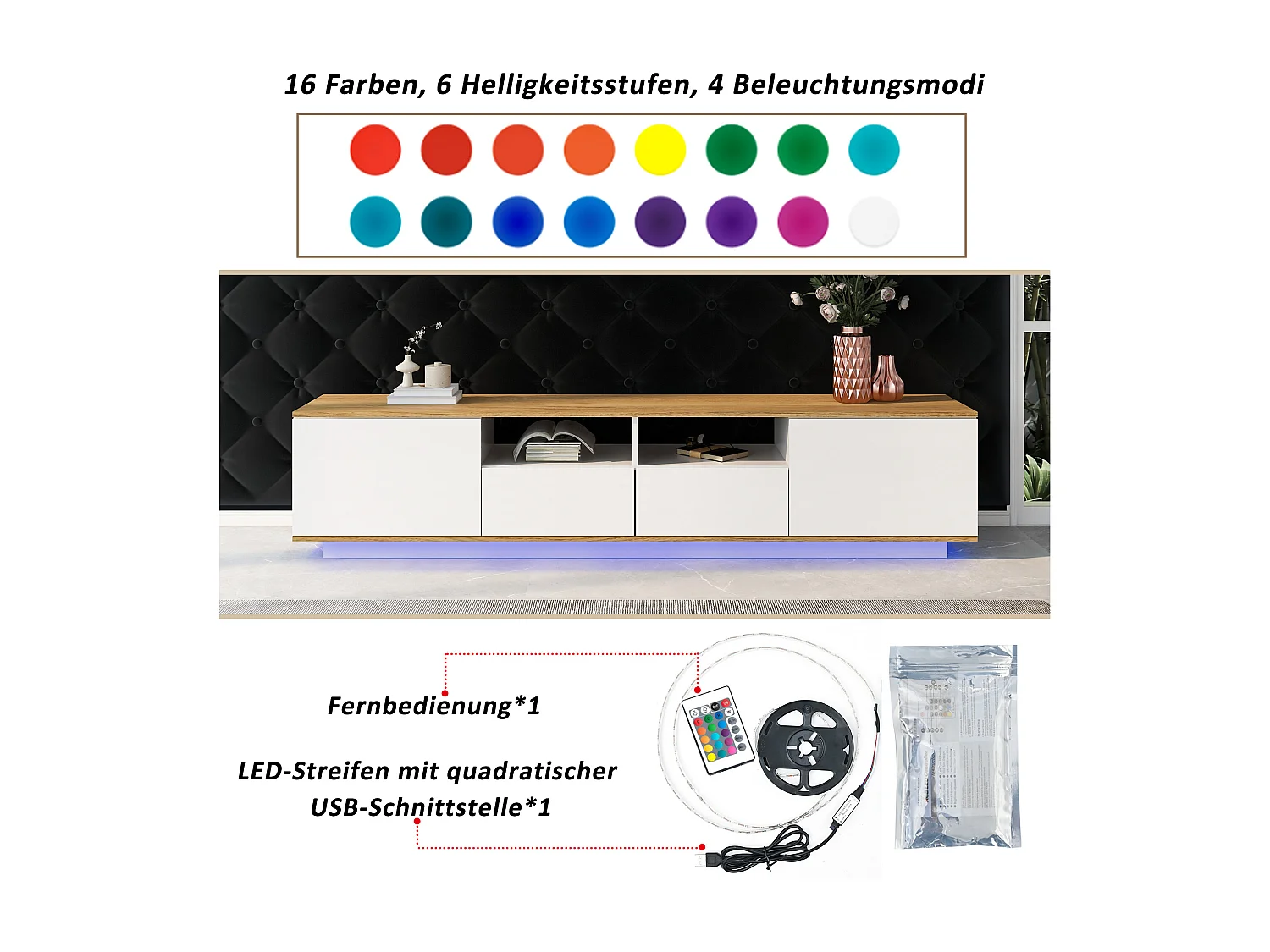 TV-Schrank aus Holz mit 2 Türen, 2 Schubladen und 2 Nischen bis 80 Zoll – LEDs – für Wohnzimmer – Weiß und Eiche