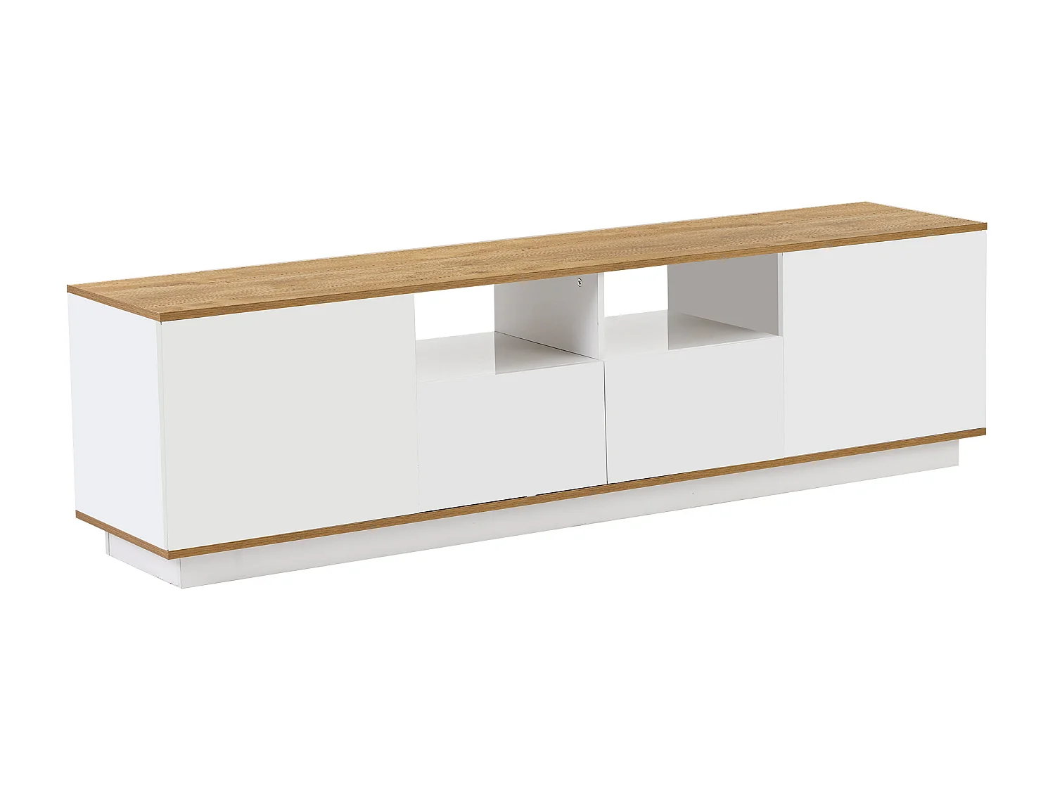 TV-Schrank aus Holz mit 2 Türen, 2 Schubladen und 2 Nischen bis 80 Zoll – LEDs – für Wohnzimmer – Weiß und Eiche