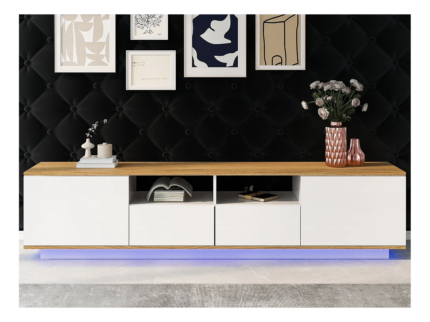Houten TV-meubel met 2 deuren, 2 lades en 2 nissen tot 80 inch - LED's - voor woonkamer - wit en eiken