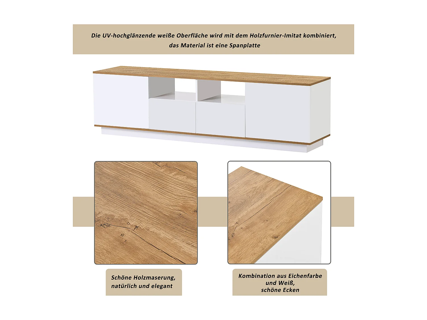 Meuble TV en bois avec 2 portes, 2 tiroirs et 2 niches jusqu'à 80 pouces - LEDs - pour salon - blanc et chêne