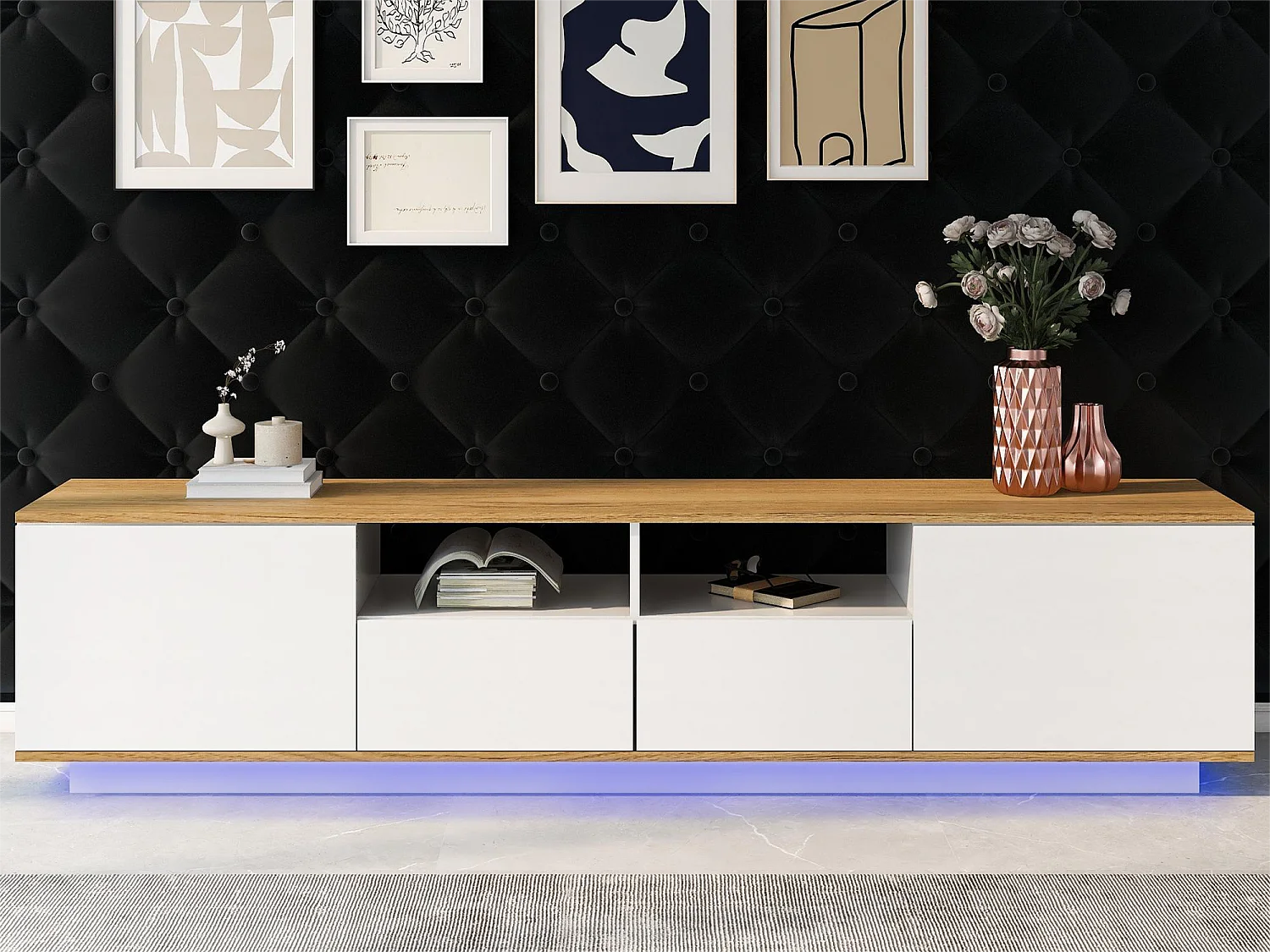 Meuble TV en bois avec 2 portes, 2 tiroirs et 2 niches jusqu'à 80 pouces - LEDs - pour salon - blanc et chêne