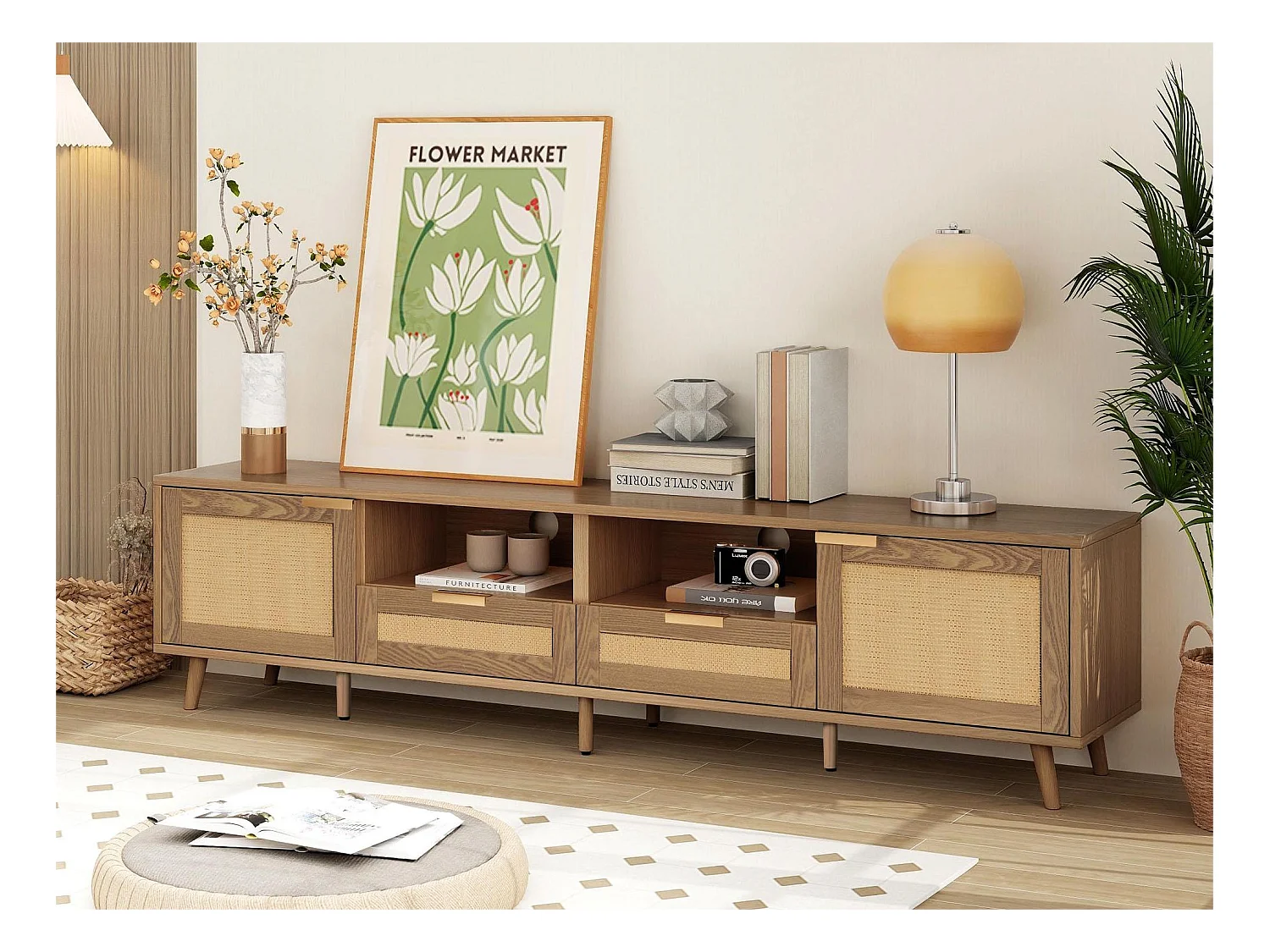 Meuble TV avec 2 portes, 2 tiroirs et 2 niches - bois massif - coloris naturel - 200 x 37 x 49 cm