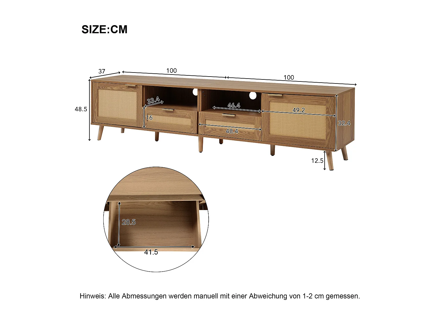 Szafka RTV z 2 drzwiami, 2 szufladami i 2 wnękami - lite drewno - kolor naturalny - 200 x 37 x 49 cm