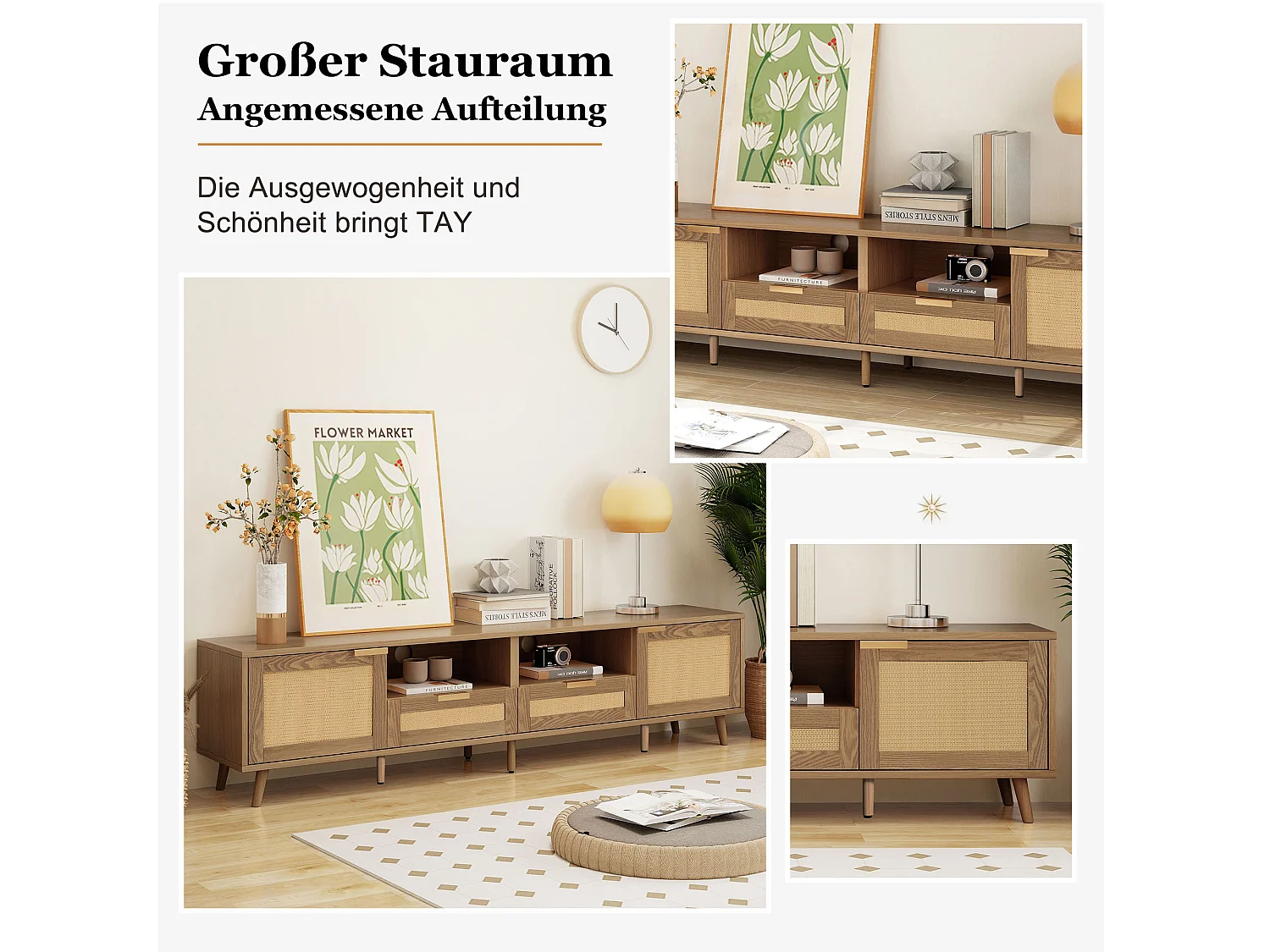 Szafka RTV z 2 drzwiami, 2 szufladami i 2 wnękami - lite drewno - kolor naturalny - 200 x 37 x 49 cm