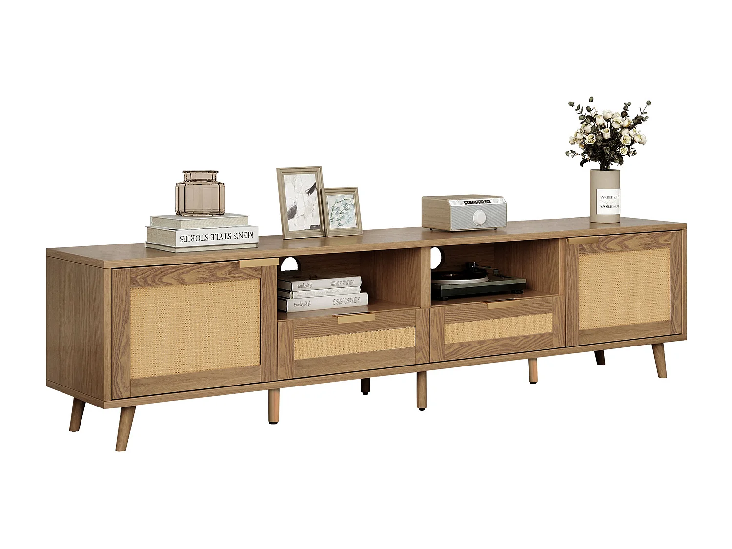 Szafka RTV z 2 drzwiami, 2 szufladami i 2 wnękami - lite drewno - kolor naturalny - 200 x 37 x 49 cm