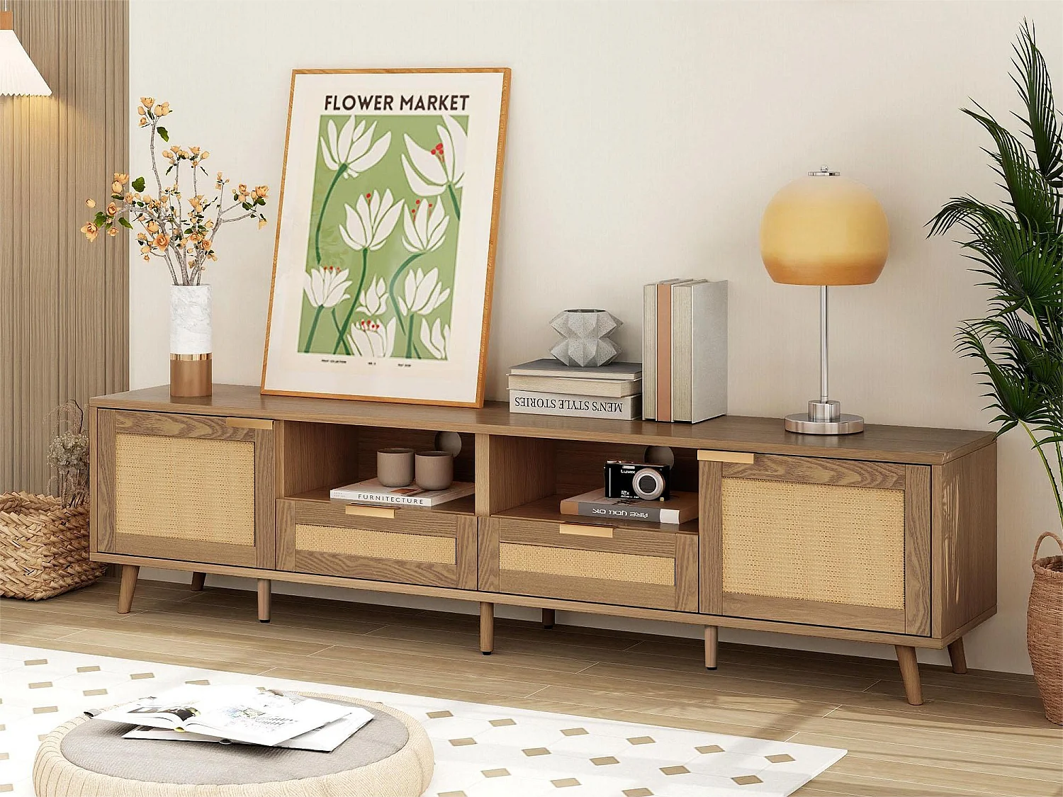 Szafka RTV z 2 drzwiami, 2 szufladami i 2 wnękami - lite drewno - kolor naturalny - 200 x 37 x 49 cm