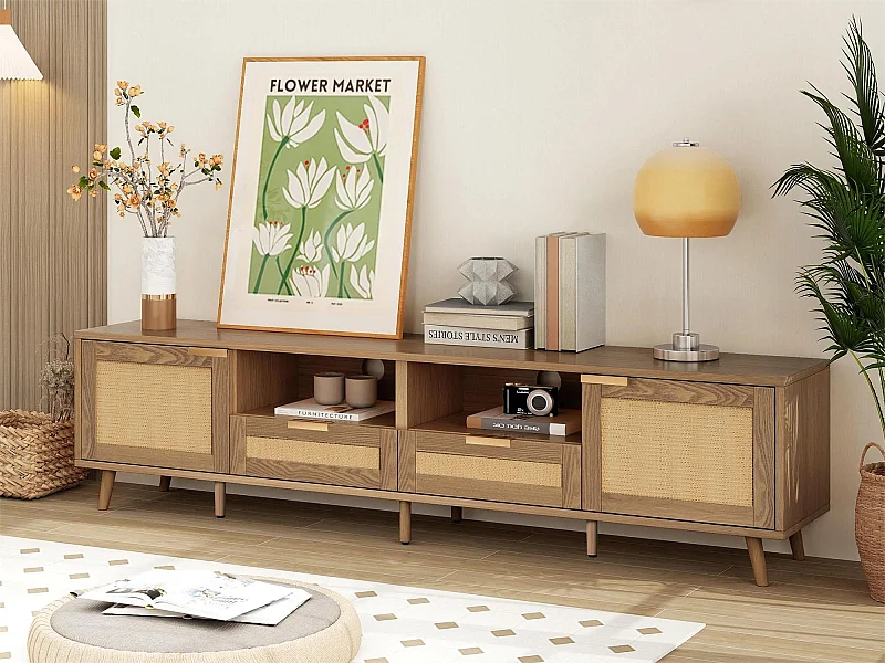 Szafka RTV z 2 drzwiami, 2 szufladami i 2 wnękami - lite drewno - kolor naturalny - 200 x 37 x 49 cm