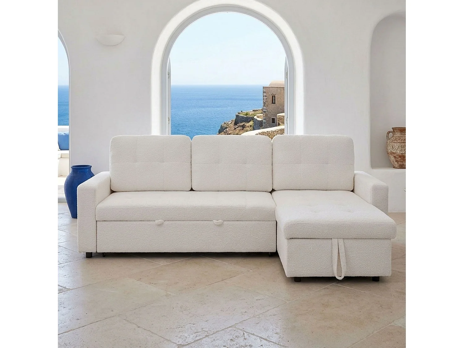 Canapé d'angle convertible Toledo Tissu Bouclette Crème