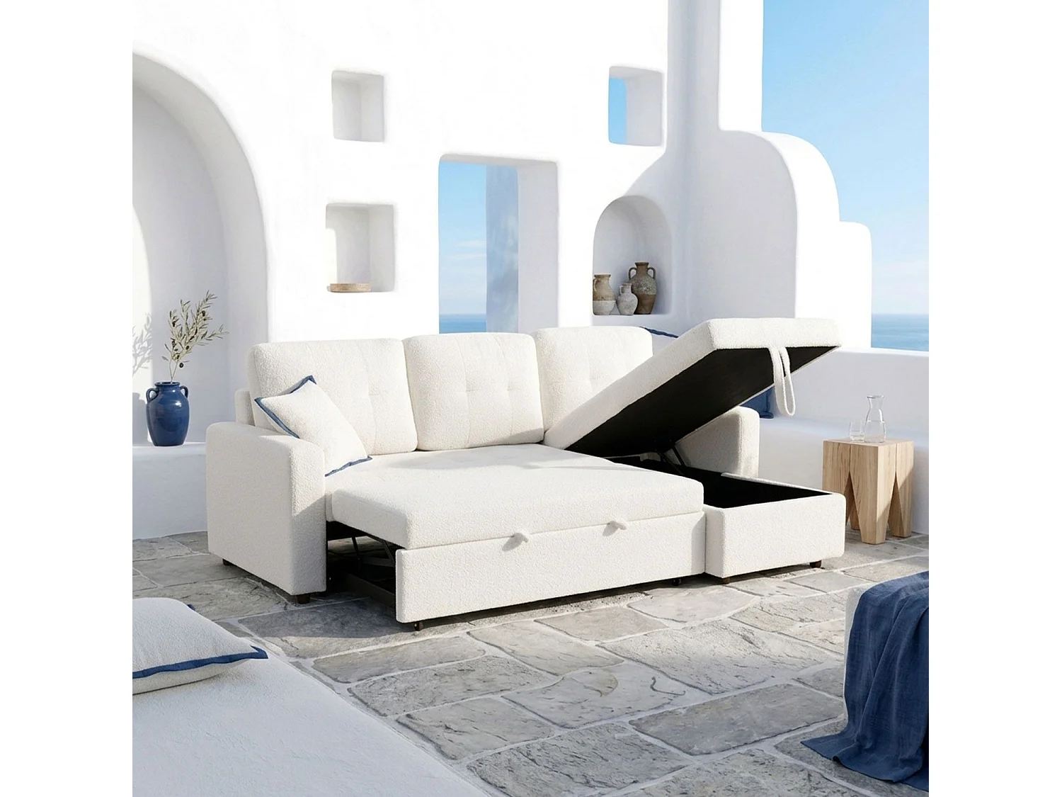Canapé d'angle convertible Toledo Tissu Bouclette Crème