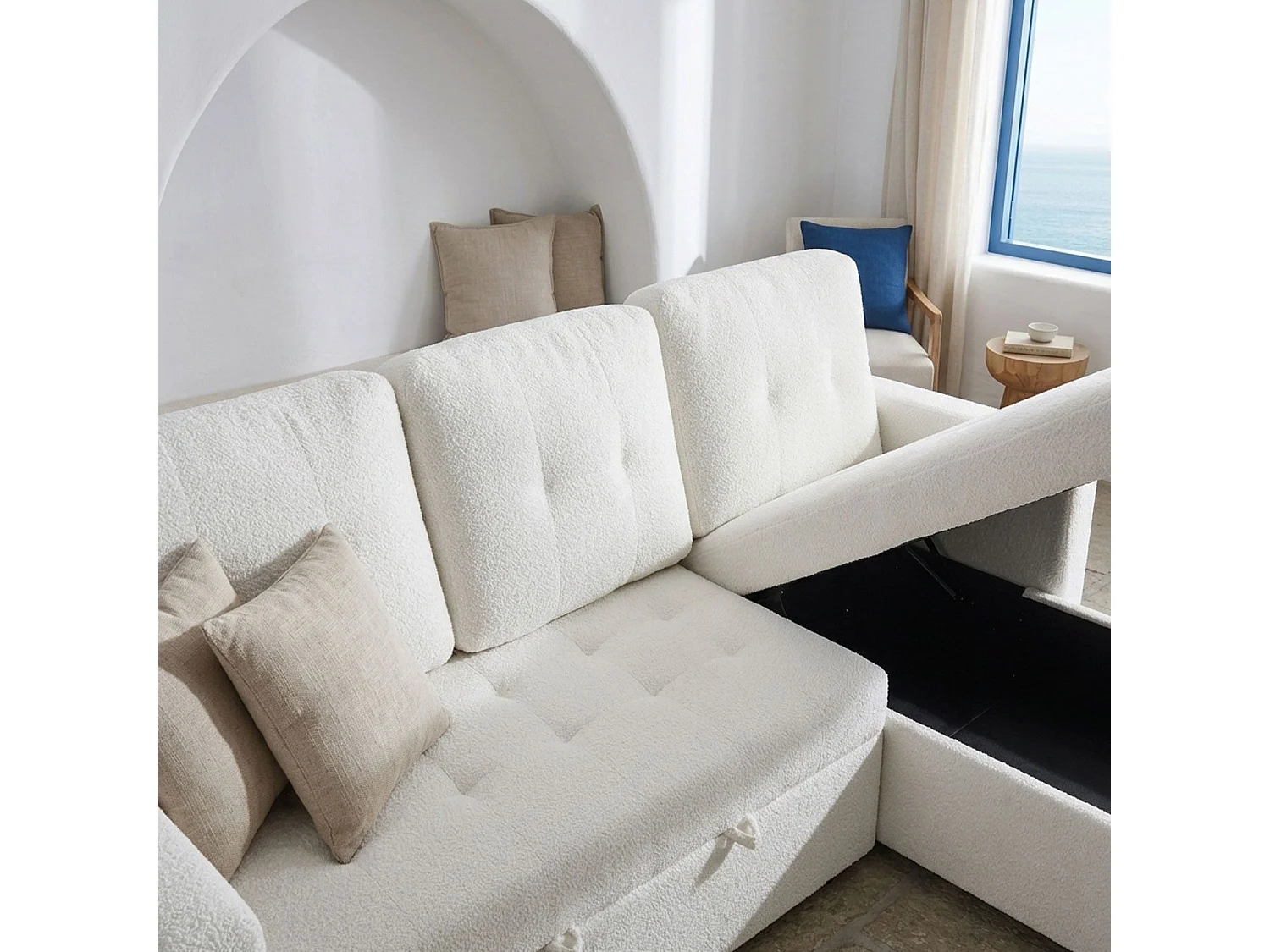Canapé d'angle convertible Toledo Tissu Bouclette Crème