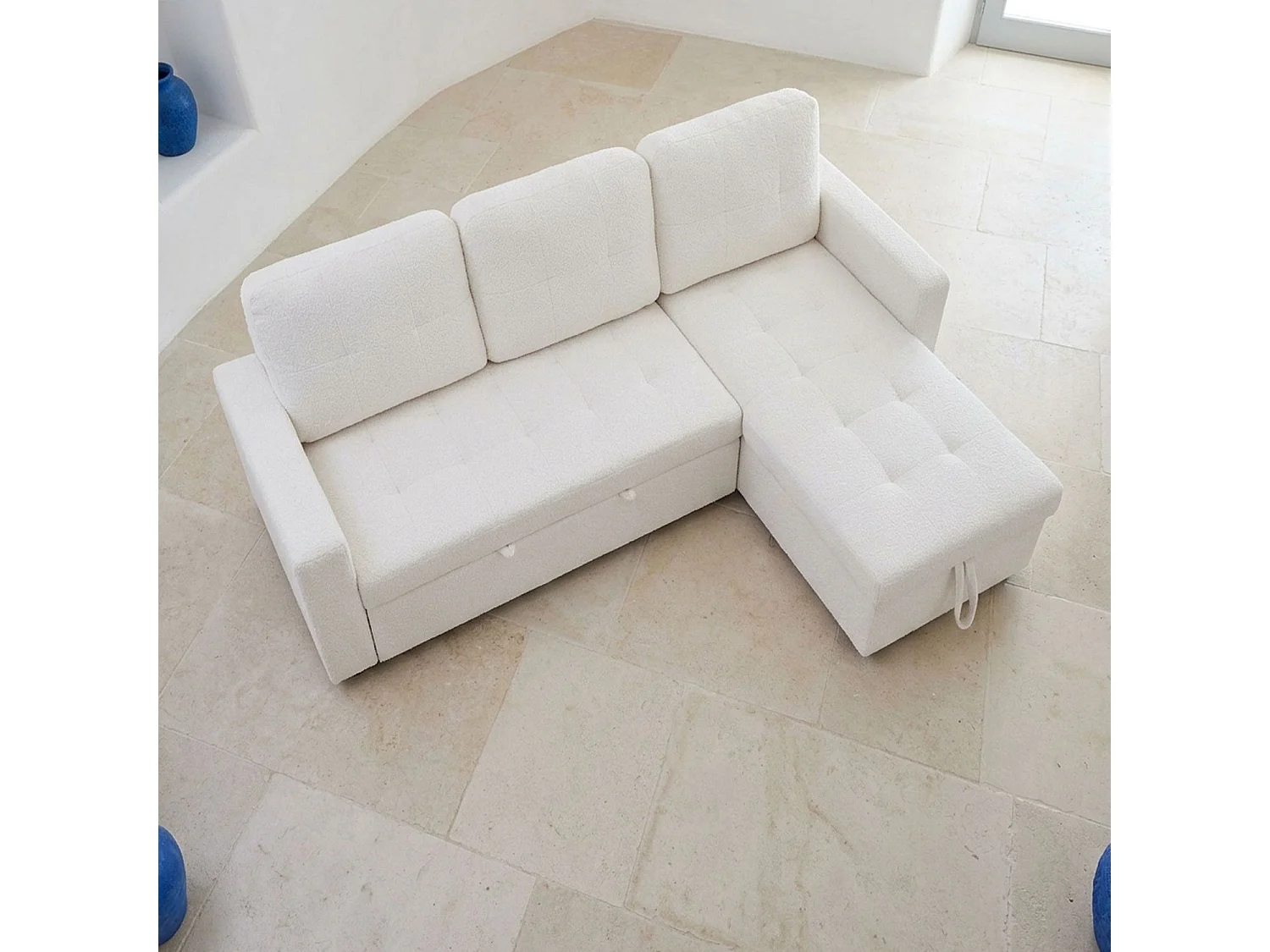 Canapé d'angle convertible Toledo Tissu Bouclette Crème