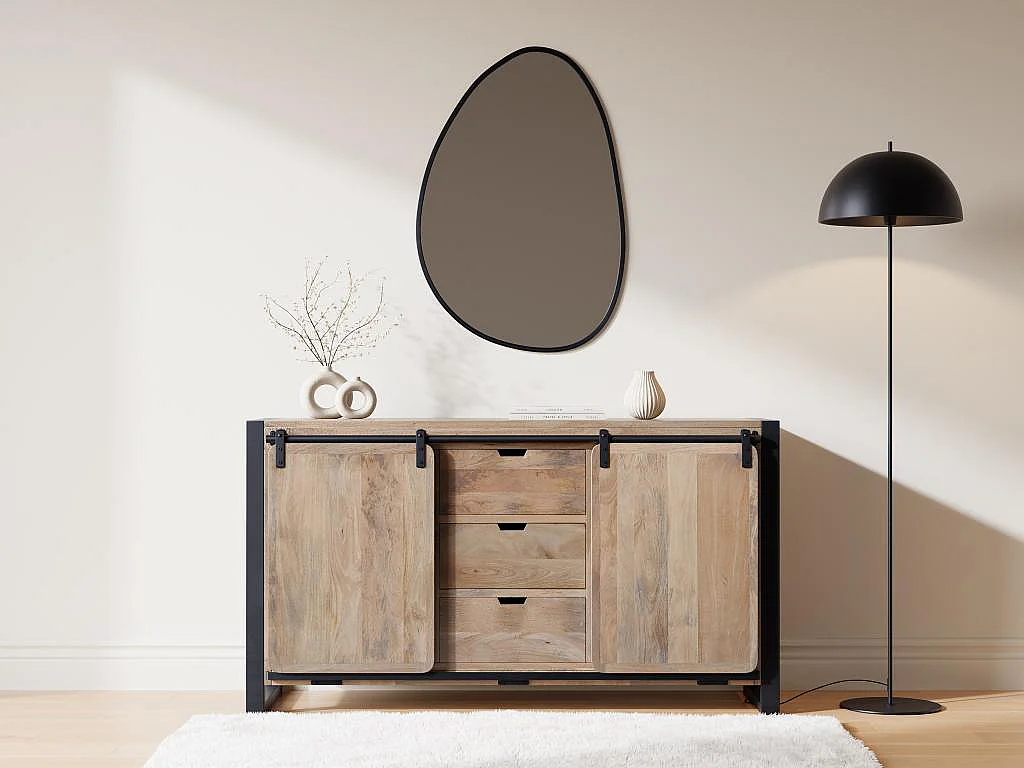 Credenza con 2 ante 3 cassetti in Legno di mango e Metallo Naturale e Nero  - HARLEM II