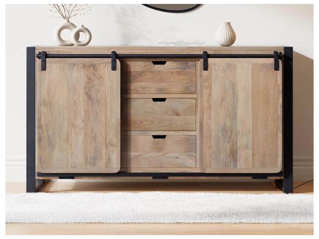 Buffet avec 2 portes et 3 tiroirs en bois de manguier et métal - Naturel et noir - HARLEM II