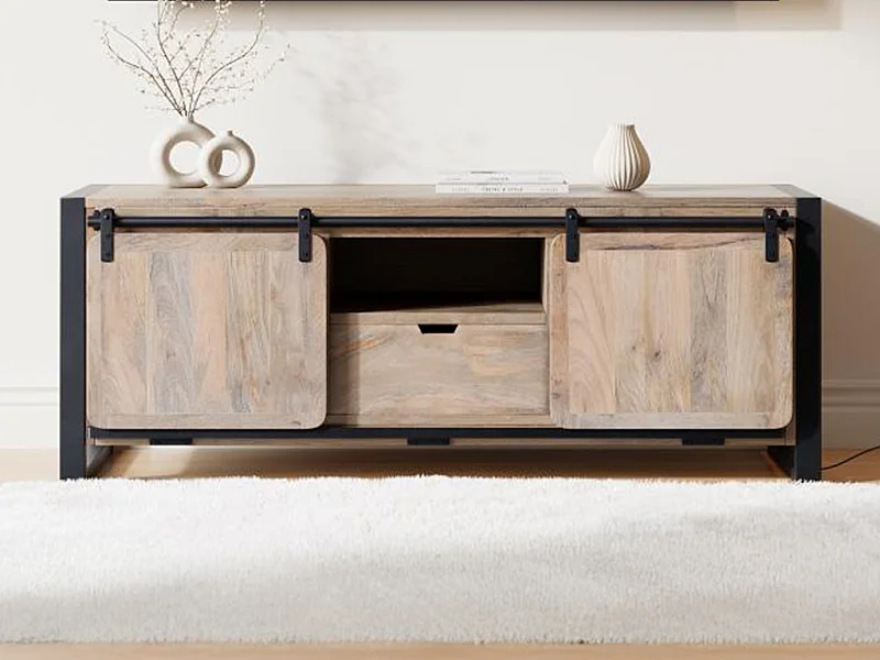 Tv-meubel met 2 deurtjes, 1 lade en 1 vak in mangohout en metaal - Houtlook en zwart - HARLEM II