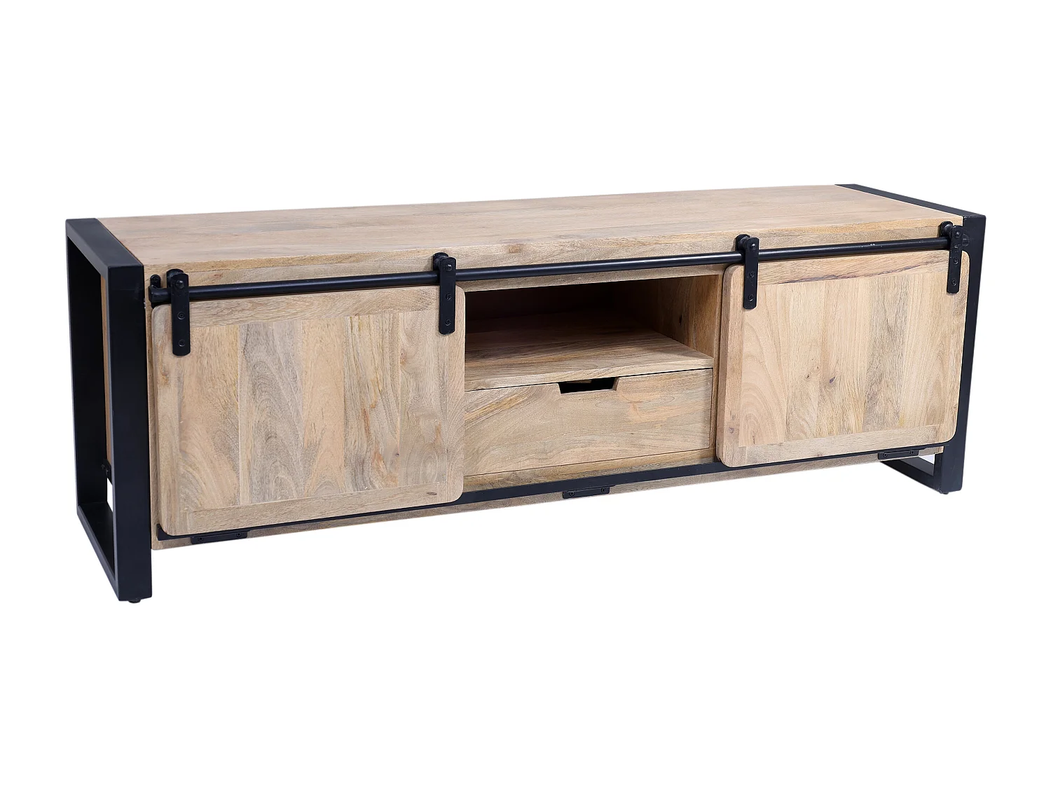 TV-Möbel mit 2 Türen, 1 Schublade & 1 Ablagefach - Mangoholz & Metall - Holzfarben & Schwarz - HARLEM II