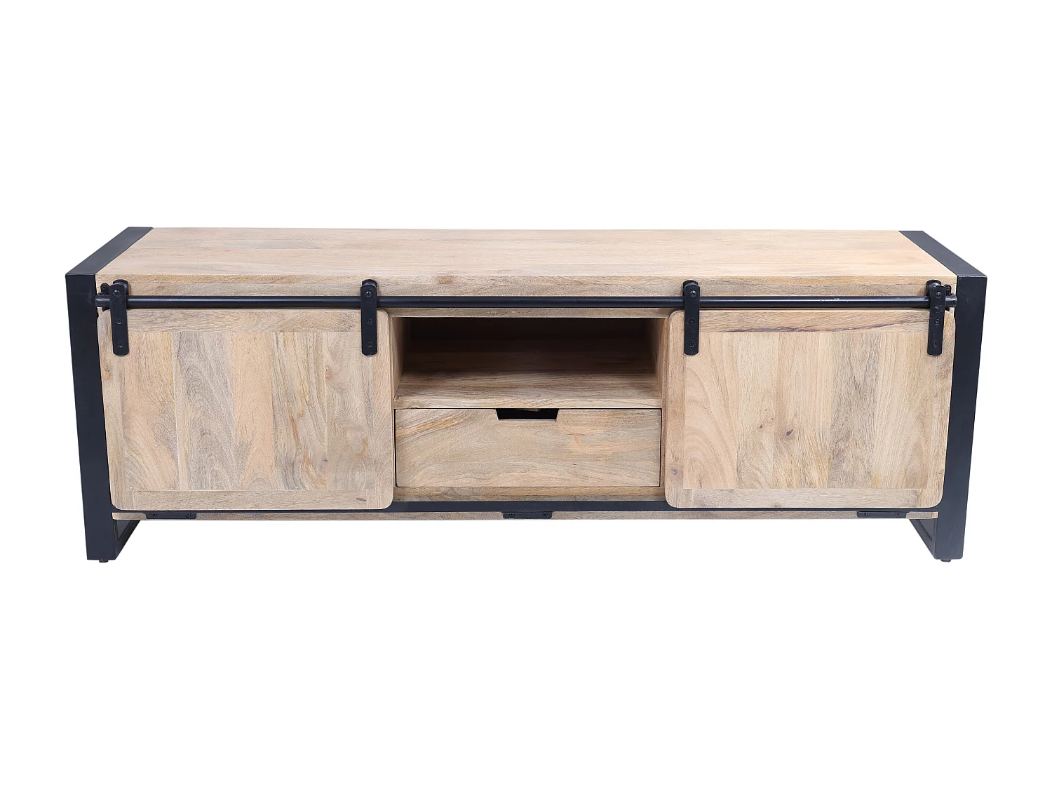 TV-Möbel mit 2 Türen, 1 Schublade & 1 Ablagefach - Mangoholz & Metall - Holzfarben & Schwarz - HARLEM II
