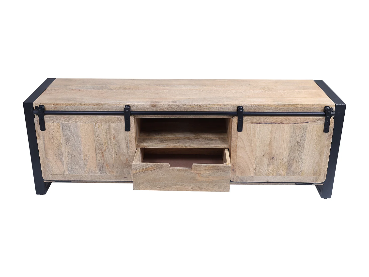 Meuble TV avec 2 portes, 1 tiroir et 1 niche en bois de manguier et métal - Naturel et noir - HARLEM II