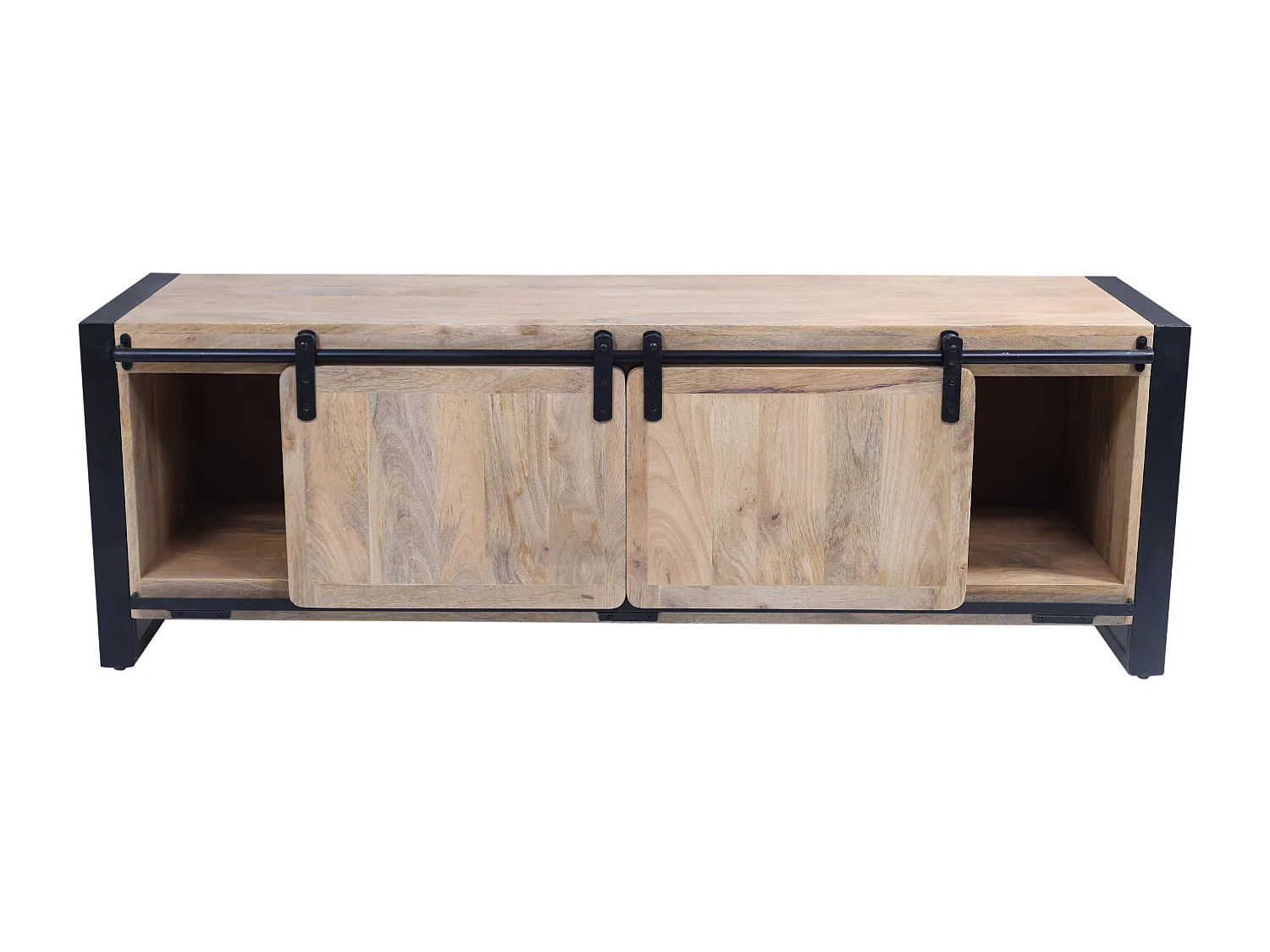 Meuble TV avec 2 portes, 1 tiroir et 1 niche en bois de manguier et métal - Naturel et noir - HARLEM II