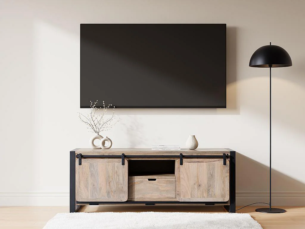 Meuble TV avec 2 portes, 1 tiroir et 1 niche en bois de manguier et métal - Naturel et noir - HARLEM II