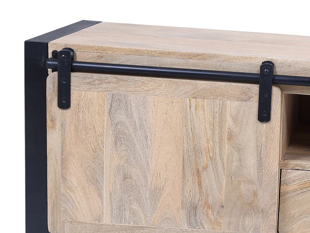 Meuble TV avec 2 portes, 1 tiroir et 1 niche en bois de manguier et métal - Naturel et noir - HARLEM II