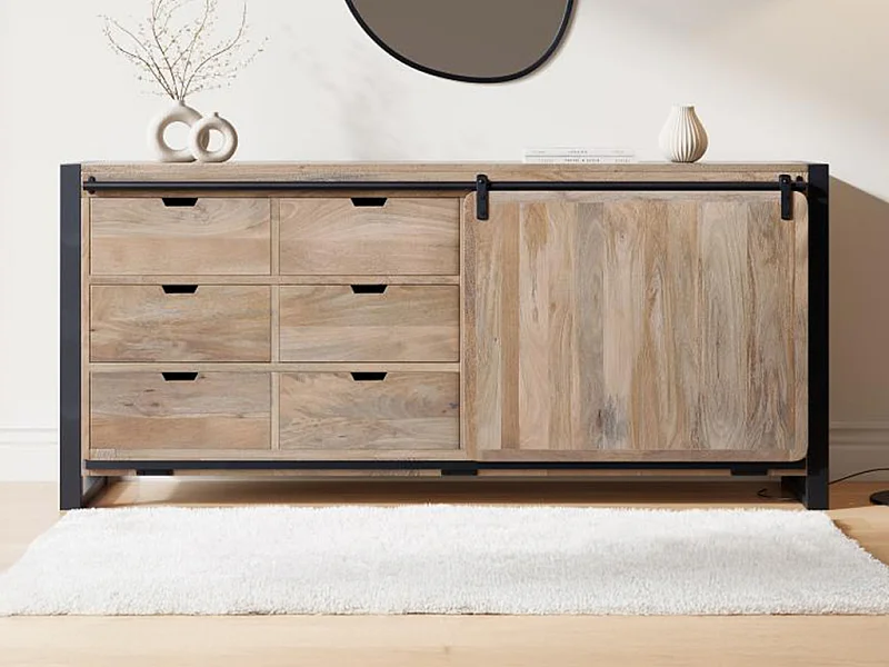 Sideboard mit 1 Tür & 6 Schubladen - Mangoholz & Metall - Holzfarben & Schwarz - HARLEM II