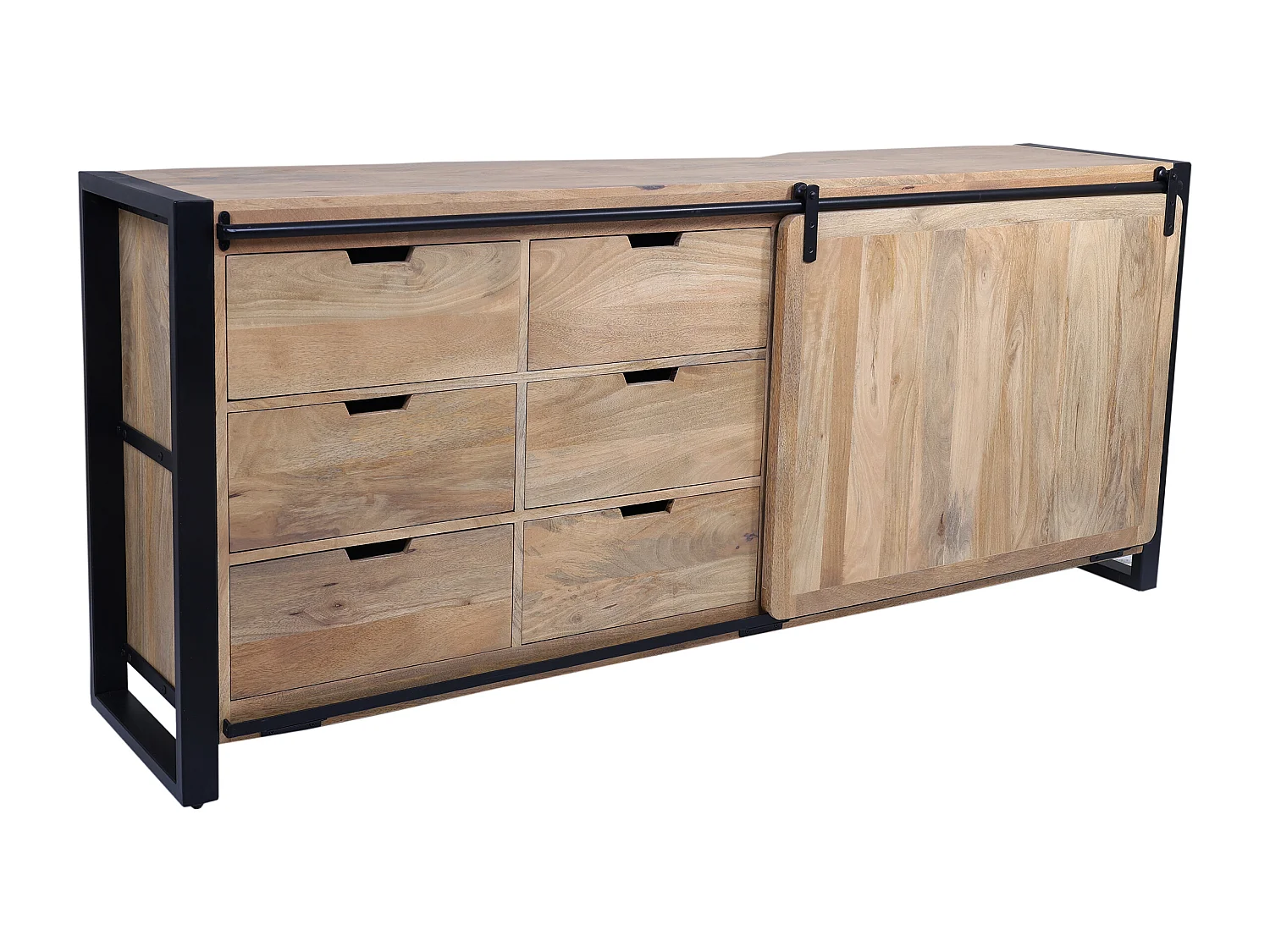 Credenza con 1 anta e 6 cassetti in Legno di mango e Metallo Naturale e Nero  - HARLEM II