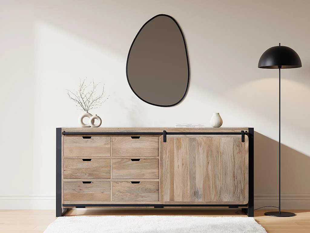 Credenza con 1 anta e 6 cassetti in Legno di mango e Metallo Naturale e Nero  - HARLEM II