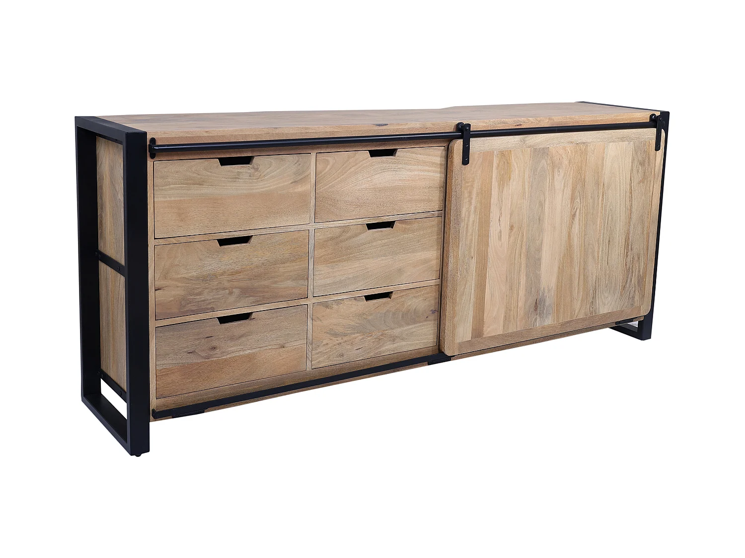Credenza con 1 anta e 6 cassetti in Legno di mango e Metallo Naturale e Nero  - HARLEM II